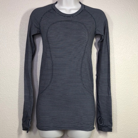 Lululemon black and white stripe long sleeve keyhole workout top - Picture 1 of 5